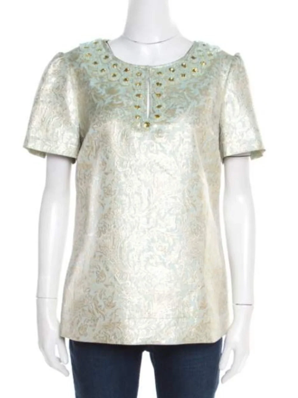 Vintage Tory Burch Lola Seafoam Green Metallic Jacquard Embellished Silk Top 6